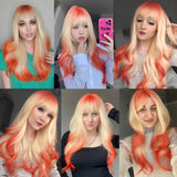 Lianfudai Orange Blonde Ombre Long Wavy Synthetic Wigs with Bangs Party Cosplay Wig for Women Natural Fake Hair Heat Resistant