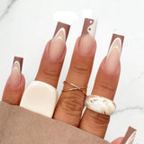 Lianfudai 24Pcs Marble Gradient Long Coffin False Nails Full Cover Nail Tips Press Glue Detachable Wearable Gold Foil Ballerina Fake Nails