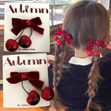 Lianfudai Cherry Red Bow Velvet Texture Elegant Hair Clip Fashionable Versatile Edge Hairpin Sweet Cool Headwear Girl Hair Accessories