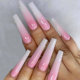 Lianfudai 24Pcs Long Ballet French Girls Nail Art White Fake Nails Manicure Press On Nails False With Designs Artificial Wearing Reusable