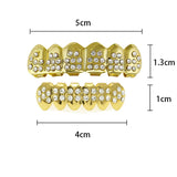 Lianfudai Gold Plated Iced Out CZ Teeth Grillz For Unisex Bling Full Zircon Pave Top&Bottom Grills Set Punk Hip Hop Dental Jewelry