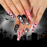 Lianfudai 24Pcs Halloween False Nails Long Ballet Fake Nails with Ghost Cobweb Design Pink French Coffin Full Cover Press on Nail Tips