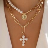 Lianfudai Y2K Pearl Cross Pendant Necklace Hip Hop Retro Women Religious Zircon Chain Necklaces Girls Punk Party Trendy Jewelry Gifts