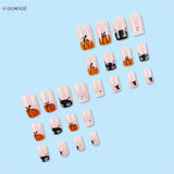 Lianfudai 24pcs Halloween Theme False Nails Short Square Press On Nails With Ghost Pumpkin Black Cat Designs Full Cover Fake Nail Tips