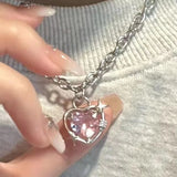 Lianfudai Pink Crystal Egirl Sweet Cool Clavicle Chain Necklace  Y2K Accessories Fashion Peach Heart Water Drop Pendant Aesthetic Jewelry