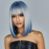 Lianfudai Medium Length Blue White Ombre Straight Synthetic Hair With Bangs Short Bob Cosplay Wig for Women Daily Party Heat Resistant