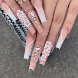 Lianfudai 24Pcs Long Ballet False Nails with Glue Gradient White Flower Press on Nails with Rhinestone Wearable Coffin Fake Nail Manicure