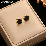 Lianfudai 316L Stainless Steel Black Five Leaf Clover Flower Stud Earrings For Women New Trendy Waterproof Ear Jewelry Girls Gift