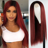 Lianfudai Wig Long Straight Hair Wig Wine Red Ladies Natural Hand Middle Heat-resistant Fiber Daily Wig