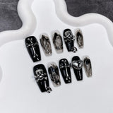 Lianfudai 10Pcs Black Handmade Press On Nails Coffin Fake Nails Full Cover Gradient Metal Contrast Artificial Manicure Wearable Nail Tips