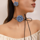 Lianfudai Flower Lace-up Choker Necklace with Earrings Denim Camellia-Bead Clavicle Chain  Dropship