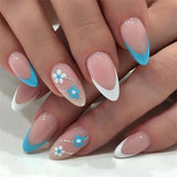 Lianfudai 24Pcs Small Flower Design Almond Wearing False Nails Blue White Oval Acrylic Press on Nails Art Removable Artificial Fake Nails