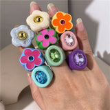 Lianfudai 2024 New Sweet Multicolor Resin Oil Drip Ring for Women Geometric Oval Flowers Beads Rhinestones Ring Cute Jewelry HangZhi
