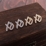 Lianfudai New Design Hip Hop Letter Xo Copper Men\\\\'s Square Stud Earrings Retro Fashion All Copper All Zircon Couple Stud Earrings