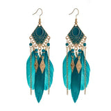 Lianfudai  Bohemian Feather Tassel Earrings Peacock Blue Vintage Pendant Earrings Birthday Party Holiday Travel Jewelry Accessories