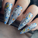 Lianfudai current nail trends 2023   24Pcs Halloween Long Stiletto False Nails Almond Fake Nails with Ghost Design Press on Nails Wearable Full Cover Manicure Tips