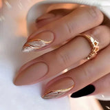 Lianfudai 24Pcs Mid-length False Nails with Almond Head Design Brown Gold Lines Fake Nails Oval Wearable French Press on Nail Tips