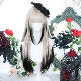 Lianfudai synthetic long straight hair women's wig silver gradient gray wig cosplay lolita bangs wig party wig