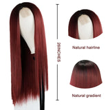 Lianfudai Wig Long Straight Hair Wig Wine Red Ladies Natural Hand Middle Heat-resistant Fiber Daily Wig