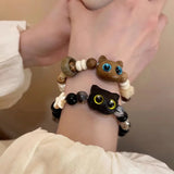 Lianfudai New Cute Little Black Cat Bracelet for Women Men Fashion Funny Cartoon Animal Beaded Bracelet Handmade Trendy Girl Jewelry Gifts