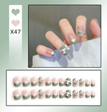 Lianfudai 24PCS/Box Bowknot Rabbit Pattern Pearl Short Square Designer Fashion Design French Style Full Covering Pressed Fake Nails