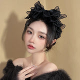 Lianfudai Fashion Korea Retro Black Mesh Big Bow Headband hair accessories Women originality Ruffled edge Stylist accessories Hair hoop