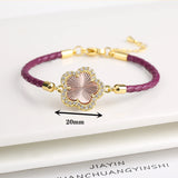 Lianfudai Classic Genuine Leather Woven Natural Stone Five Leaf Flower Charm Bracelet Fashion for Women Girls Party Wedding Jewelry Gift