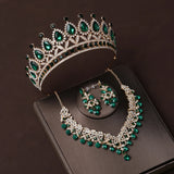 Lianfudai Bridal Headwear Crown Necklace Earrings Four Piece Set of Green Colour Women's Exquisite Party Tiaras