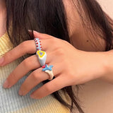 Lianfudai Y2K Colorful Enamel Heart Sweet Rings Trendy Geometric Dripping Oil for Women Girls Funny Y2K Chunky Jewelry Summer NEW
