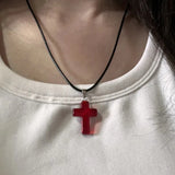 Lianfudai Gothic Vintage Red Glass Cross Pendant Black Bead Rope Chain Necklace For Women Men Y2K Aesthetic EMO Grunge Jewelry Accessories