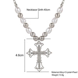 Lianfudai Y2K Pearl Cross Pendant Necklace Hip Hop Retro Women Religious Zircon Chain Necklaces Girls Punk Party Trendy Jewelry Gifts