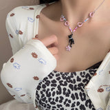 Lianfudai Black Cat Pink Star Beaded Necklace for Women Summer Y2K Spicy Girl Cute and Versatile Neckchain Design with Sweet and Cool Coll