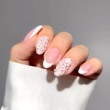 Lianfudai 24Pcs Summer White French Almond False Nails with Pearl Short Round Head Fake Nails Flower Design Wearable Press on Nails