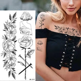 Lianfudai Sketch Flowers Sketch Tattoo Rose Blossoms Black and White Flowers Temporary Tattoos Sticker size: