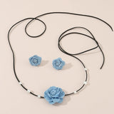 Lianfudai Flower Lace-up Choker Necklace with Earrings Denim Camellia-Bead Clavicle Chain  Dropship