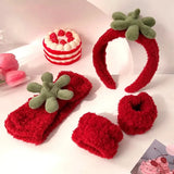 Lianfudai Red Fleece Hairbands Cute Strawberry Leaves Hair Hoops Wrist Strap Girls Lovely Headbands Christmas Ornament Hair Accessories