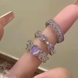 Lianfudai 3 Pcs/set Y2K Purple Color Heart Zircon Rings for Women Fashion Retro Gothic Shiny Queen Ring 2024 Hot Party Gifts Lucky Jewelry