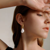 Lianfudai Pearl Earrings, Simulated Pearl Huggie Hoop Earrings, Chunky Irregular Statement Pearl Earrings for Men Women