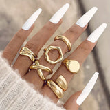 Lianfudai 6Pcs/Set Gold Color Smooth Geometric Open Rings Set For Women Exaggerated Metal Irregular Thick Chunky Ring Jewelry Gift