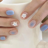 Lianfudai 24Pcs Summer Simple Fake Nails with Flower Design Short Square False Nail Wearable French Nail Art Tips Full Cover Press on Nail