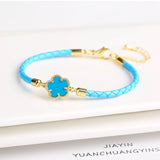 Lianfudai Classic Genuine Leather Woven Natural Stone Five Leaf Flower Charm Bracelet Fashion for Women Girls Party Wedding Jewelry Gift