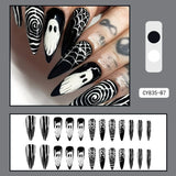 Lianfudai 24Pcs/set Halloween Ghost Press-on Nails Cobweb Pattern Teardrop Full Cover Nail Tips for Women & Girls Party False Nail Art