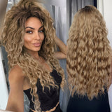 Lianfudai Synthetic Long Wave Cur Wigs Female Natural Brown Wig with Clip Free Part Side Bangs 80s Curly Wigs for Women Ombre Wig