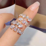 Lianfudai New Fashion 3 Layers Irregular AAA Cubic Zirconia Couple Wedding Open Adjust Rings for Women Party Silver Color Jewelry