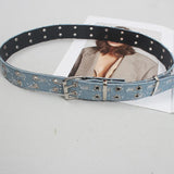 Lianfudai  Pu Leather Blue Denim Hollow Out Long Vintage Belt Personality Women New Fashion Tide All-match Spring Autumn 2024 1DH6638