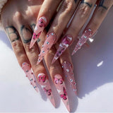 Lianfudai current nail trends 24Pcs False Nails With Glue Almond Pink Butterfly Design Detachable Rhinestones Acrylic Fake Nails long stiletto Press On Nails