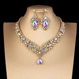 Lianfudai Luxury Crystal AB Color Choker Necklace Earrings Set Rhinestone Bridal Jewelry Sets for Bride Wedding Party Costume Bijoux Femme