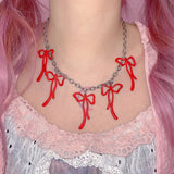 Lianfudai Kawaii Accessories Bowknot Pendant Necklaces Korean Fashion Pink Chains Choker Punk Charms Necklace Women Y2K Jewelry Harajuku