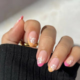 Lianfudai 24Pcs Short Almond False Nails with Glue Colorful Flowers Design Fake Finger   Nails Wearable Artificial Oval Press on Nails