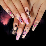 Lianfudai 24Pcs Halloween False Nails Long Ballet Fake Nails with Ghost Cobweb Design Pink French Coffin Full Cover Press on Nail Tips